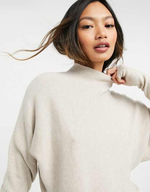 Vila knitted midi dress with high neck and long sleeves in cream, 3 of 4