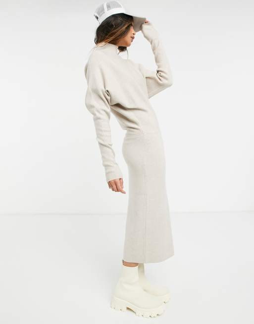 Vila knitted midi dress with high neck and long sleeves in cream, 4 of 4