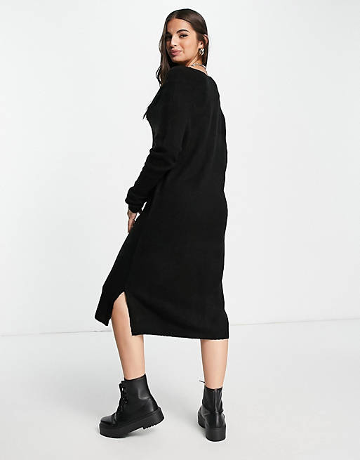 Dresses Vila knitted midi dress with wide v neck in black 