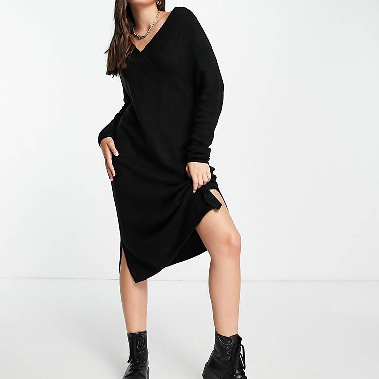 Vila knitted midi jumper dress with wide v neck in black | ASOS