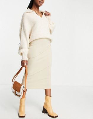 Vila knitted midi skirt with seam detail in stone