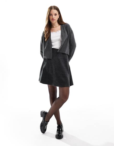 Vila knitted mini skirt and cardigan co-ord in dark grey - view 1