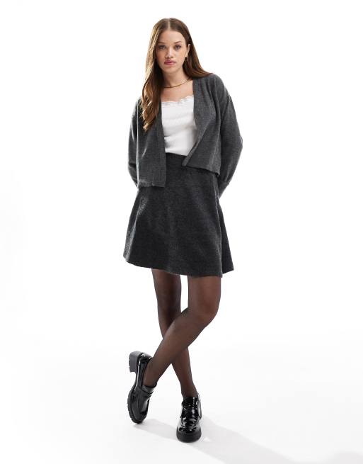 Vila knitted mini skirt and cardigan set in dark gray