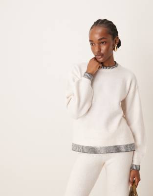 knitted oversized sweater with contrast stitch in cream - part of a set-White