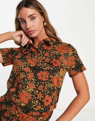 Vila knitted polo top co-ord in retro floral print