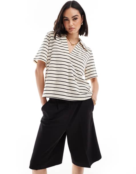 Vila knitted polo top in cream and black stripe - view 1