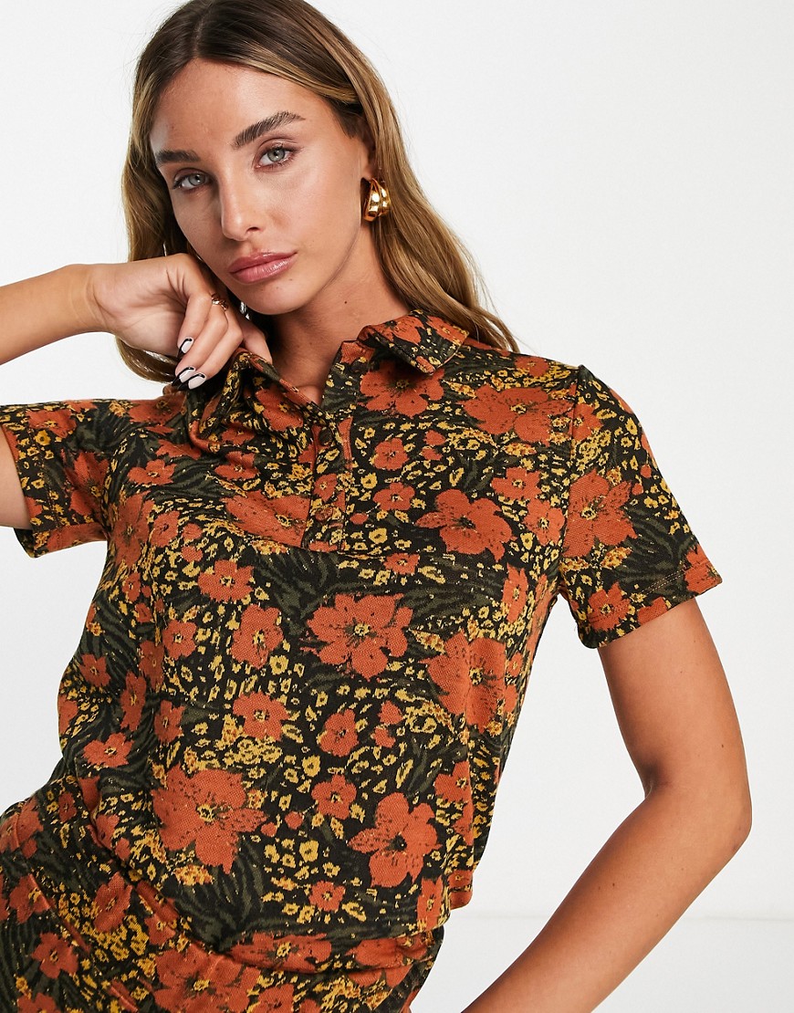 Vila knitted polo top in retro floral print - part of a set-Multi