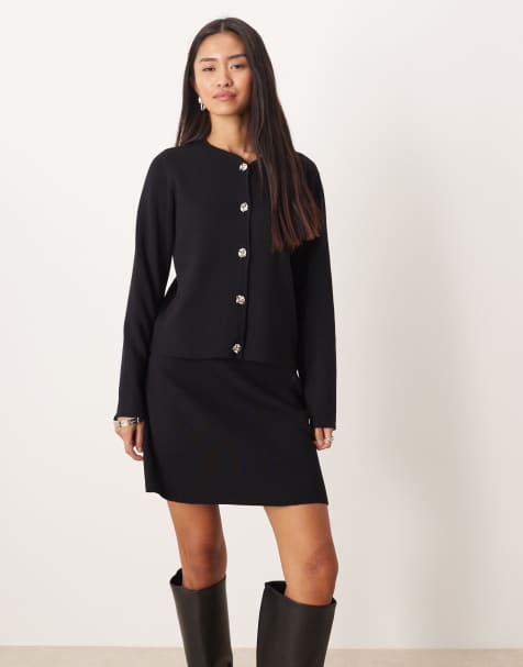 VILA knitted ribbed hammerd button cardigan and mini skirt set in black - view 1