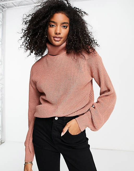 Jumpers & Cardigans Vila knitted roll neck jumper with volume sleeves in rose pink 