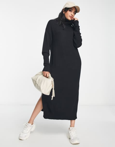 Vila knitted roll neck maxi dress with side split in black - view 1