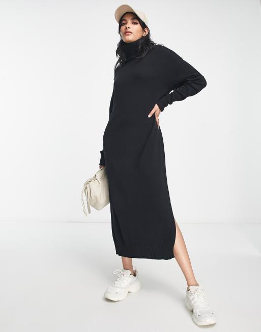 Vila knitted roll neck maxi dress with side split in black, 4 of 4