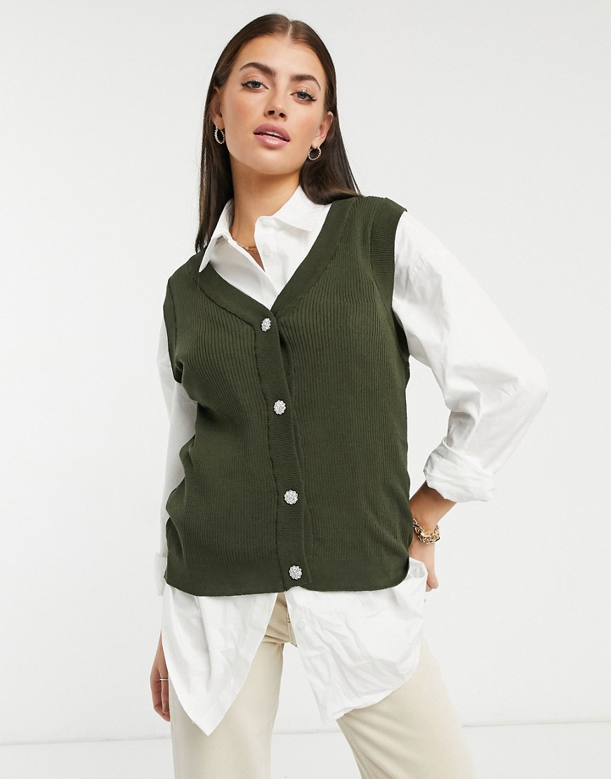 Vila knitted sleeveless cardigan with button detail in khaki green-Neutral