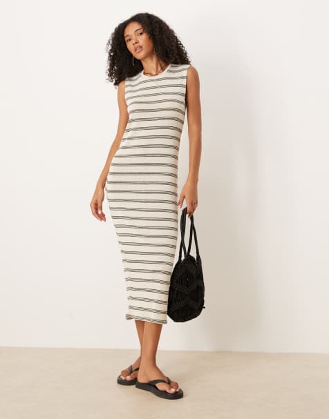 Vila knitted stripe midi dress in cream and dark green - view 1