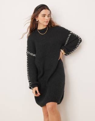 knitted sweater mini dress with contrast stitch in black