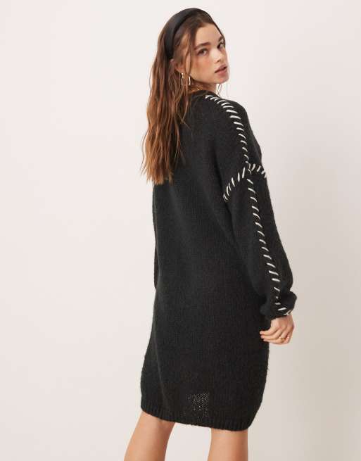 black dress white stitching Black White Contrast Stitch Ribbed Mini Dress main image 1