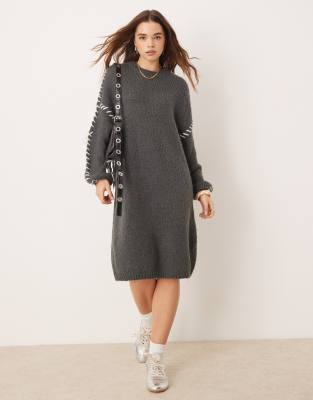 knitted sweater mini dress with contrast stitch in gray