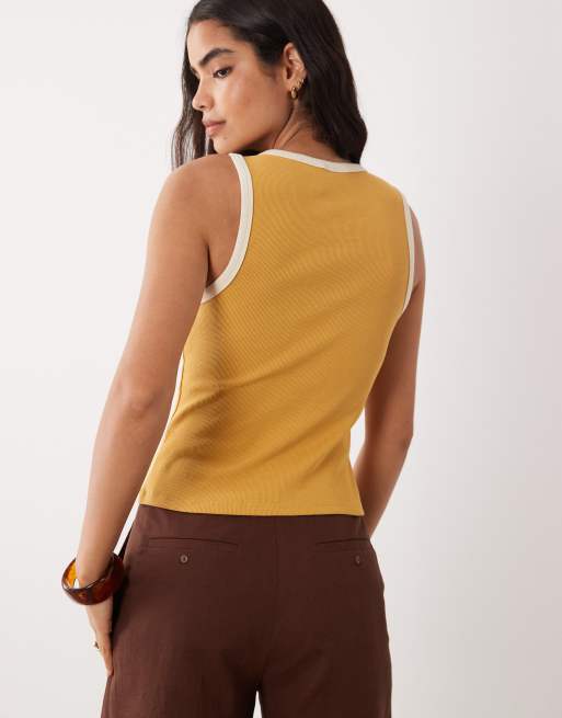 Vila knitted tank top in amber gold with cream piping, 3 of 4