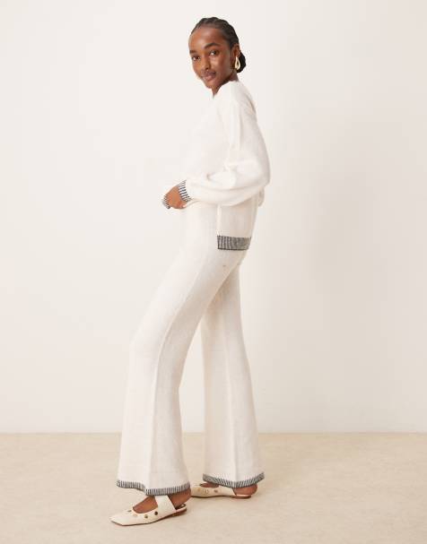 VILA knitted wide leg pants and sweater set with contrast stitch in cream - view 1
