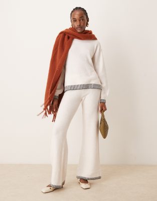 knitted wide leg pants with contrast stitch in cream - part of a set-White