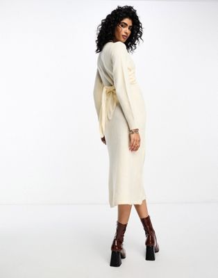 Vila knitted wrap midi dress in cream | ASOS