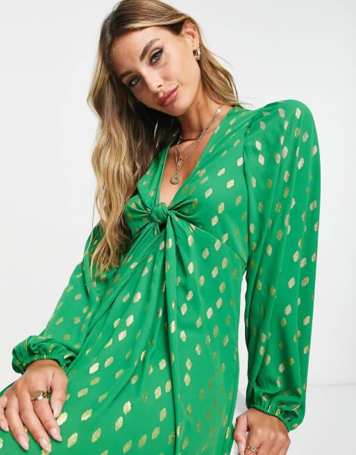 Vila knot front midi dress with gold spot in bright green | ASOS