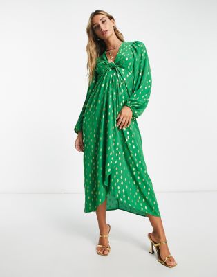 Vila knot front midi dress with gold spot in bright green | ASOS