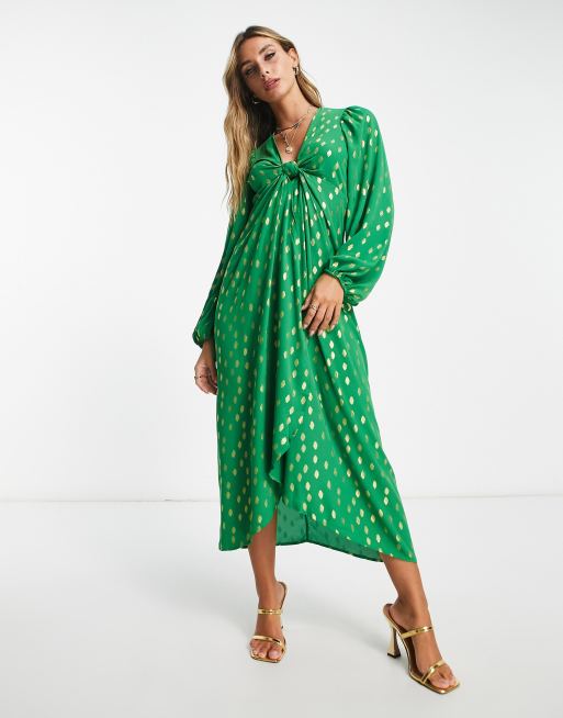 slim fit dress slacks Gold Foil Print Mini Wrap Dress with Slit in Dark Green and Gold main image 0
