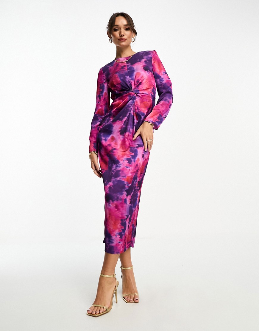 Vila knot front satin midi dress in abstract print-Multi