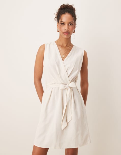 Vila linen blend wrap front mini dress with tie belt in oatmeal