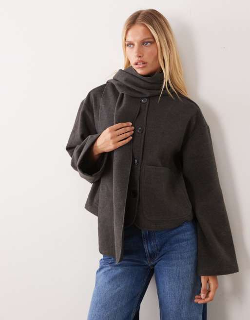 Vila kort kappa i ullimitation med avtagbar scarf i mörkgrå melange, 1 av 4