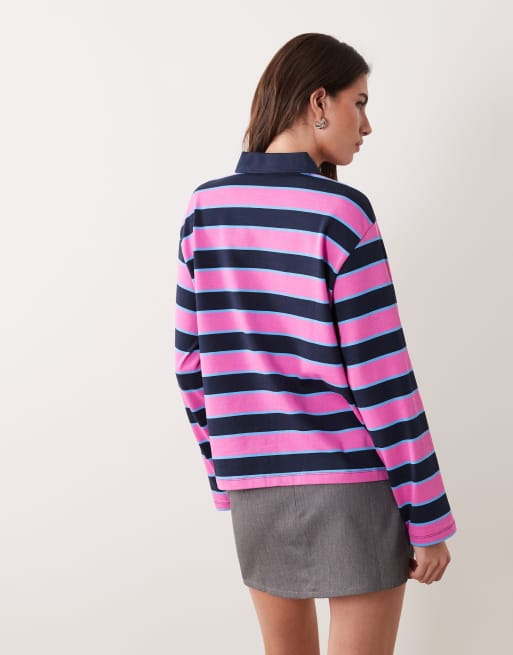 VILA – Koszulka polo oversize w stylu rugby w różowo-granatowe paski , 4 z 4