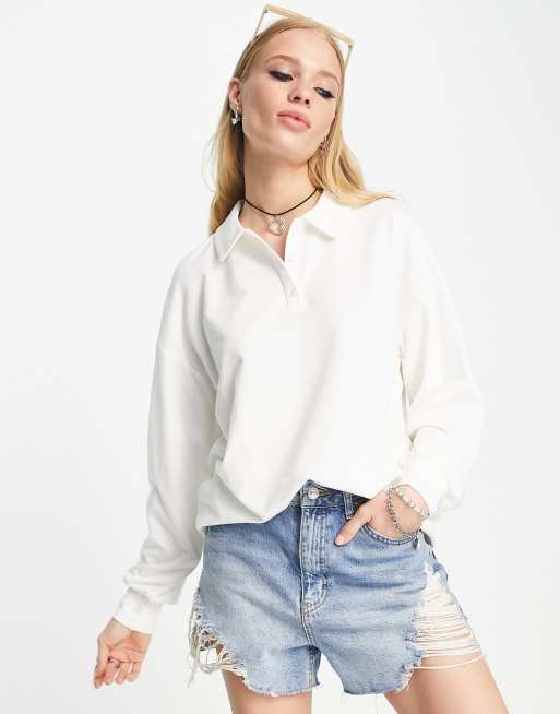 Vila – Kremowa koszulka polo z długim rękawem