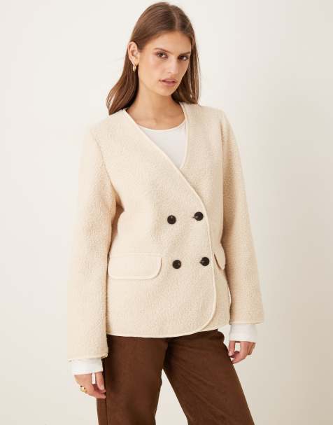 Vila teddy jacket with button details in cream