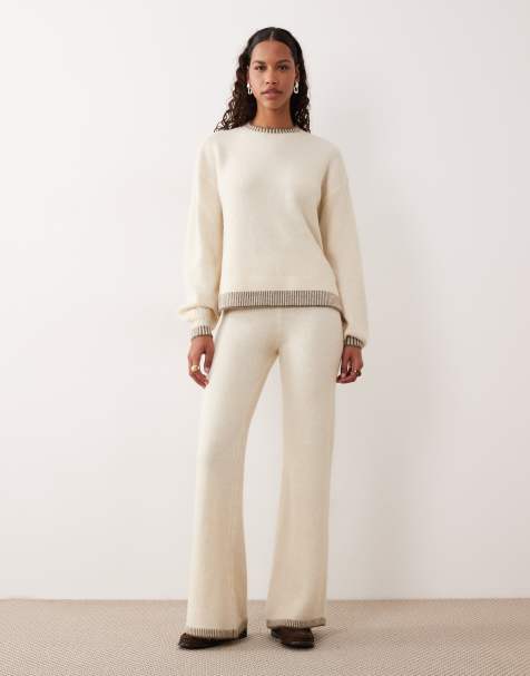 Vila contrast trim knitted wide leg trouser co-ord in cream