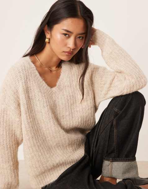 Vila fluffy knitted v neck oversized jumper in cream