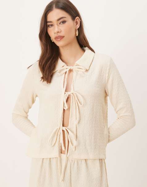 Vila textured polo neck tie front jersey top co-ord in cream