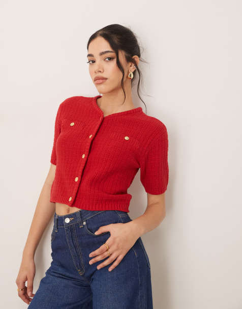 VILA – Kurzärmlige Strickjacke aus Bouclé in Rot - view 1