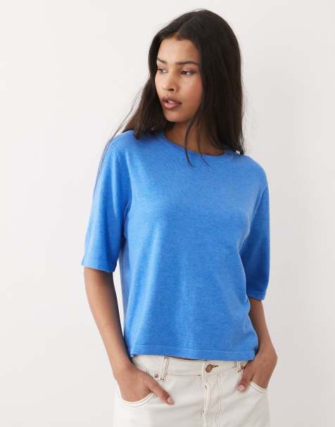 VILA – Kurzärmliges T-Shirt aus Strick in Blau meliert - view 1