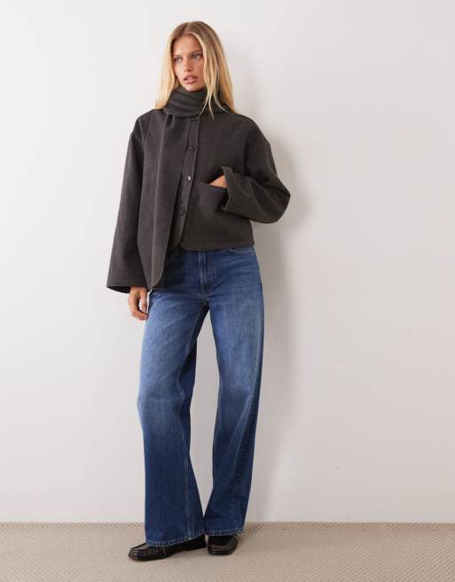 Vila kurzer Mantel in Wolloptik mit abnehmbarem Schal in dunkelgrau meliert, 3 von 4