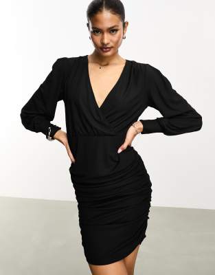 Vila - Kurzes Bodycon-Wickelkleid in Schwarz