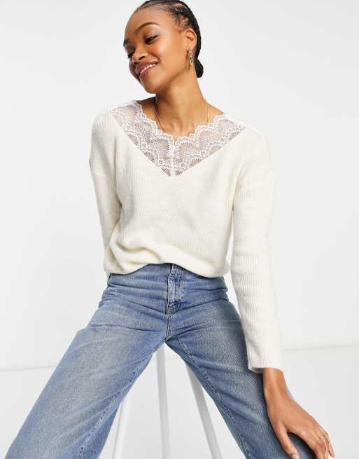 Vila lace detail jumper in cream