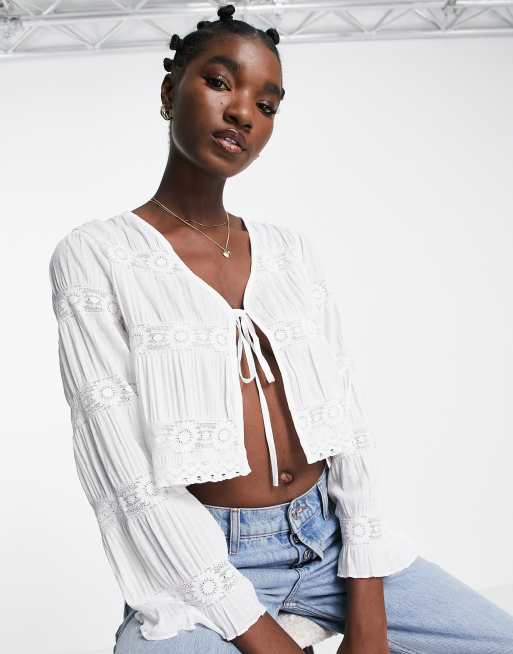 Vila lace detail tie front top in white