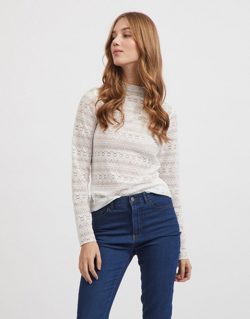Vila lace high neck long sleeve top in cream-White