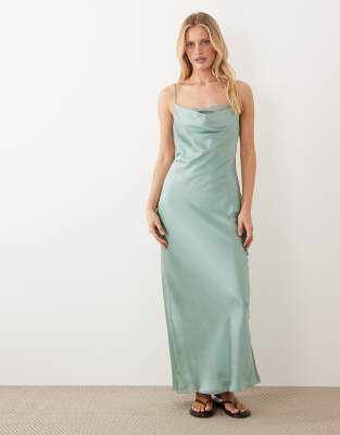Vila lace insert cowl neck satin cami maxi dress in blue surf