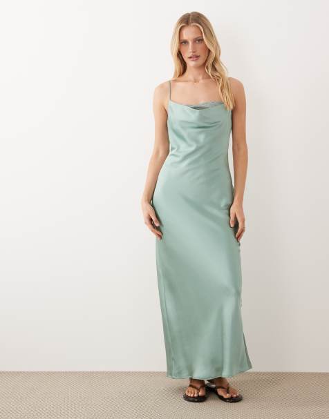 Vila lace insert cowl neck satin cami maxi dress in blue surf - view 1