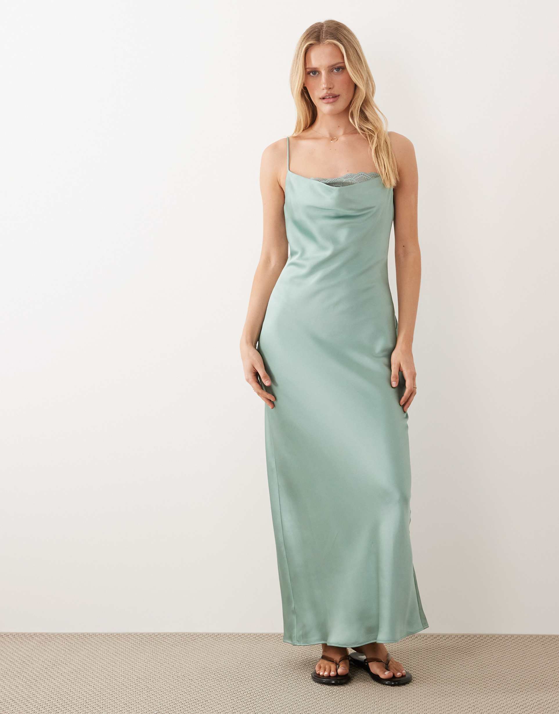 vila lace insert cowl neck satin cami maxi dress in blue surf
