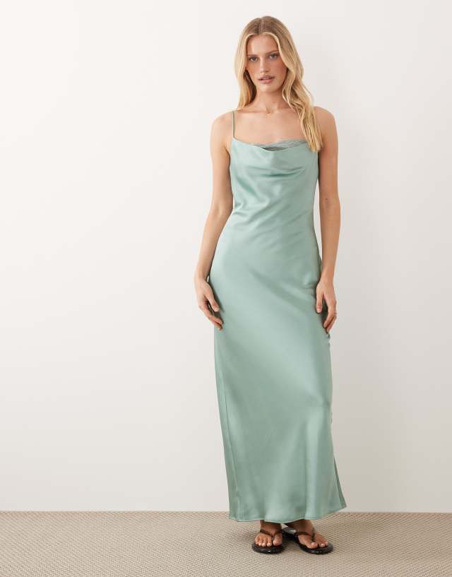 VILA lace insert cowl neck satin cami maxi dress in blue surf | ASOS