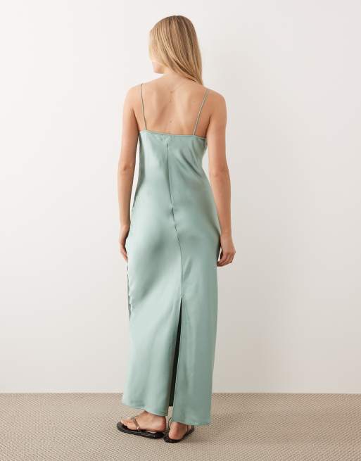 VILA lace insert cowl neck satin cami maxi dress in blue surf, 4 of 4