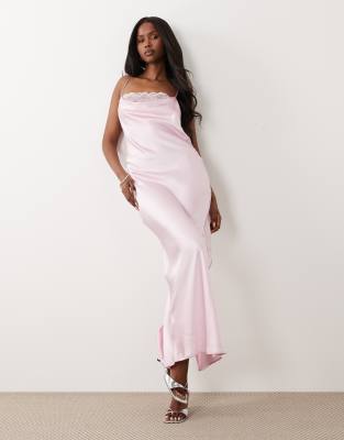 VILA lace insert cowl neck satin cami maxi dress in cherry blossom pink |  ASOS