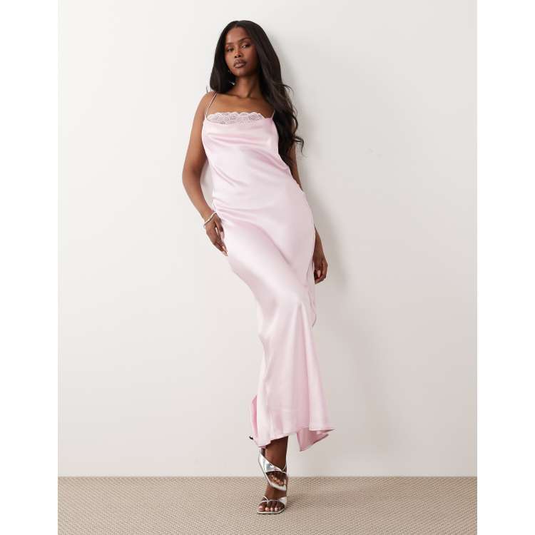 VILA lace insert cowl neck satin cami maxi dress in cherry blossom